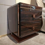 Striped Natural Wood Veneer Nightstand with Burl Top & Rose Gold Accents